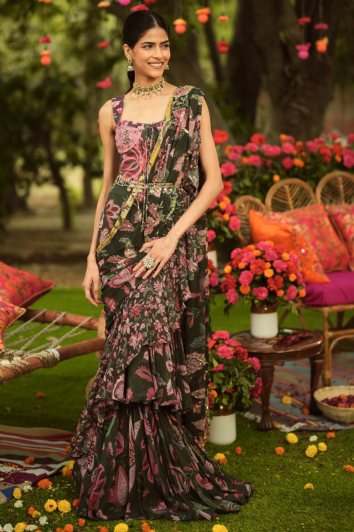 Pine Green Georgette Hand Embroidered Ruffled Wedding Saree Set by Mahima Mahajan at Pernia's Pop Up Shop