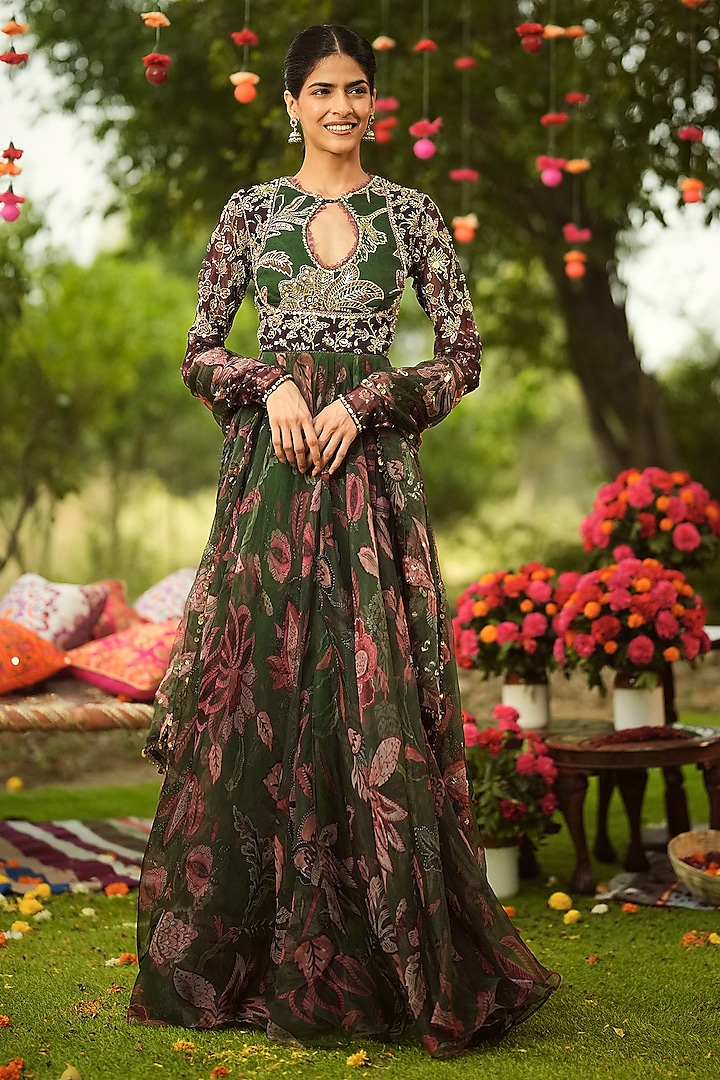 Pine Green Georgette & Organza Embroidered Bridal Anarkali Set by Mahima Mahajan at Pernia's Pop Up Shop