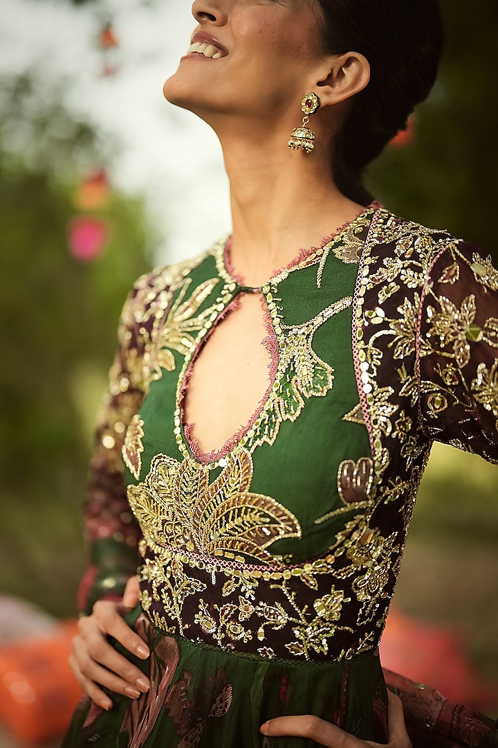 Pine Green Georgette & Organza Embroidered Bridal Anarkali Set by Mahima Mahajan at Pernia's Pop Up Shop