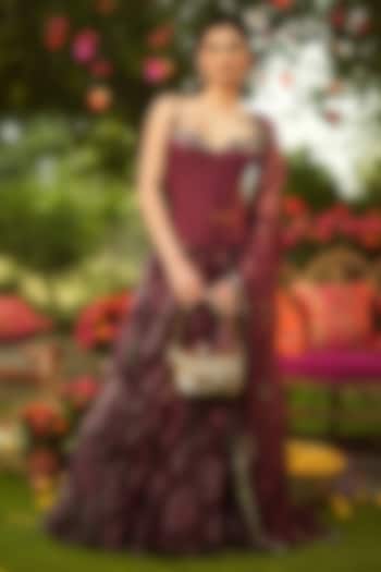 Burgundy Organza Wedding Gown With Embroidered Dupatta by Mahima Mahajan at Pernia's Pop Up Shop