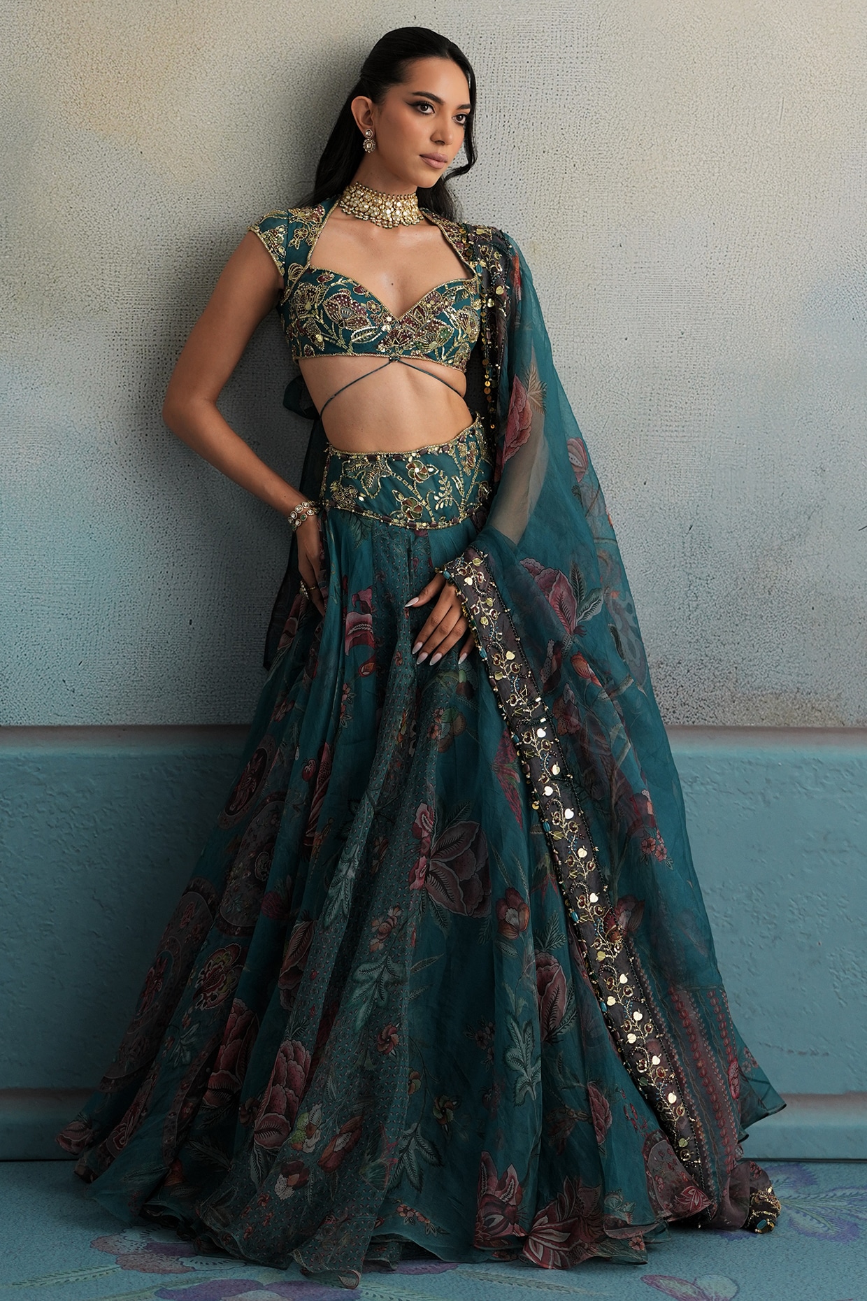 Mahima Mahajan Marine Teal Silk Organza Embroidered Lehenga Set