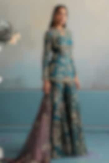 Marine Teal Silk Organza Embroidered Gharara Set by Mahima Mahajan at Pernia's Pop Up Shop