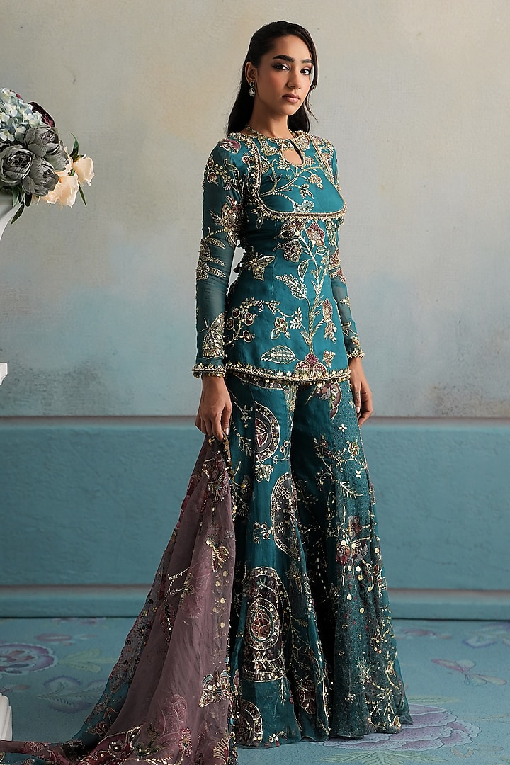 Marine Teal Silk Organza Embroidered Gharara Set by Mahima Mahajan at Pernia's Pop Up Shop