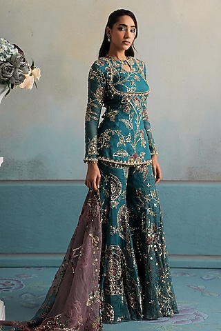 Marine Teal Silk Organza Embroidered Gharara Set by Mahima Mahajan