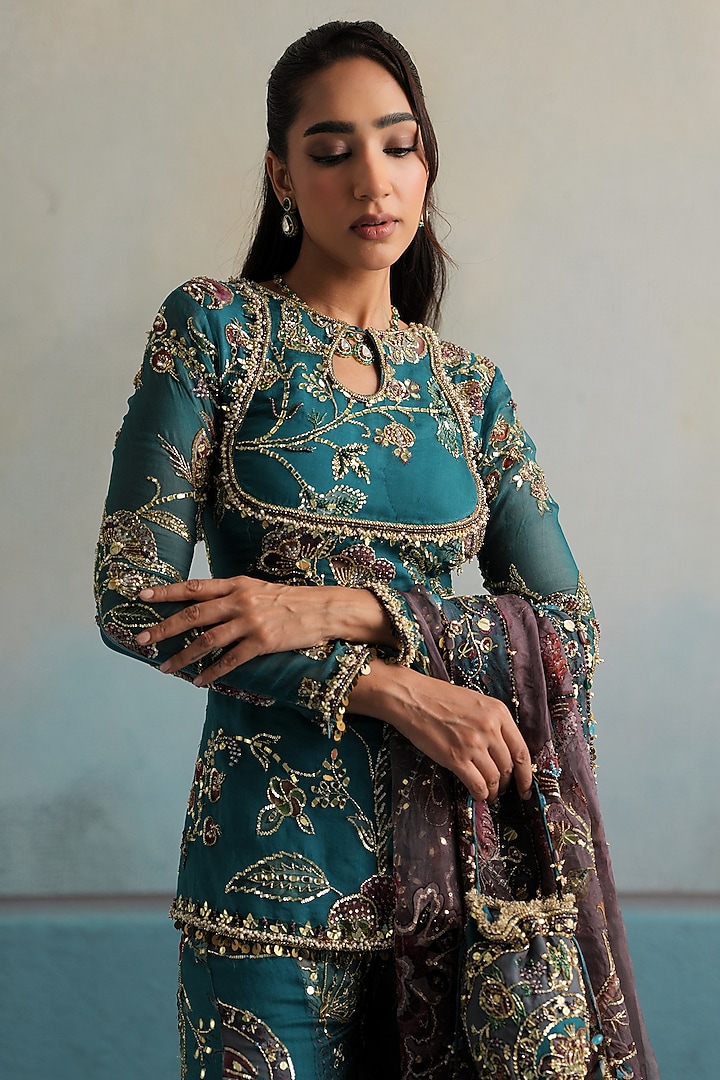 Marine Teal Silk Organza Embroidered Gharara Set by Mahima Mahajan at Pernia's Pop Up Shop