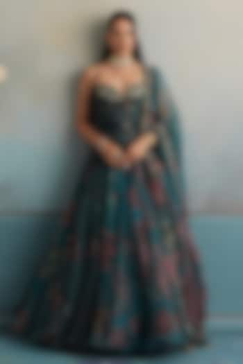 Marine Teal Silk Organza Embroidered Ruched Bridal Anarkali Set by Mahima Mahajan at Pernia's Pop Up Shop