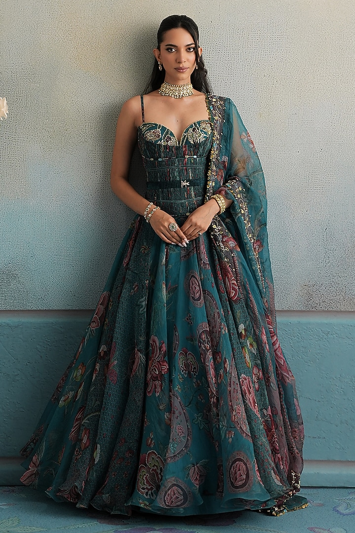 Marine Teal Silk Organza Embroidered Ruched Bridal Anarkali Set by Mahima Mahajan at Pernia's Pop Up Shop
