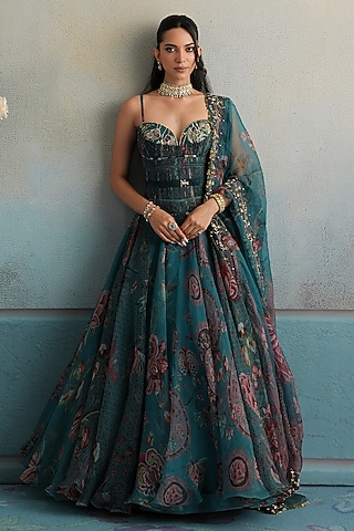 Marine Teal Silk Organza Embroidered Ruched Anarkali Set by Mahima Mahajan