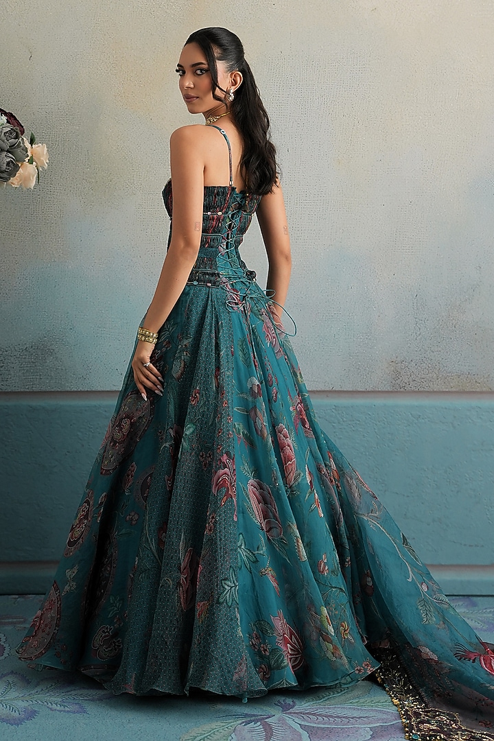 Marine Teal Silk Organza Embroidered Ruched Bridal Anarkali Set by Mahima Mahajan at Pernia's Pop Up Shop