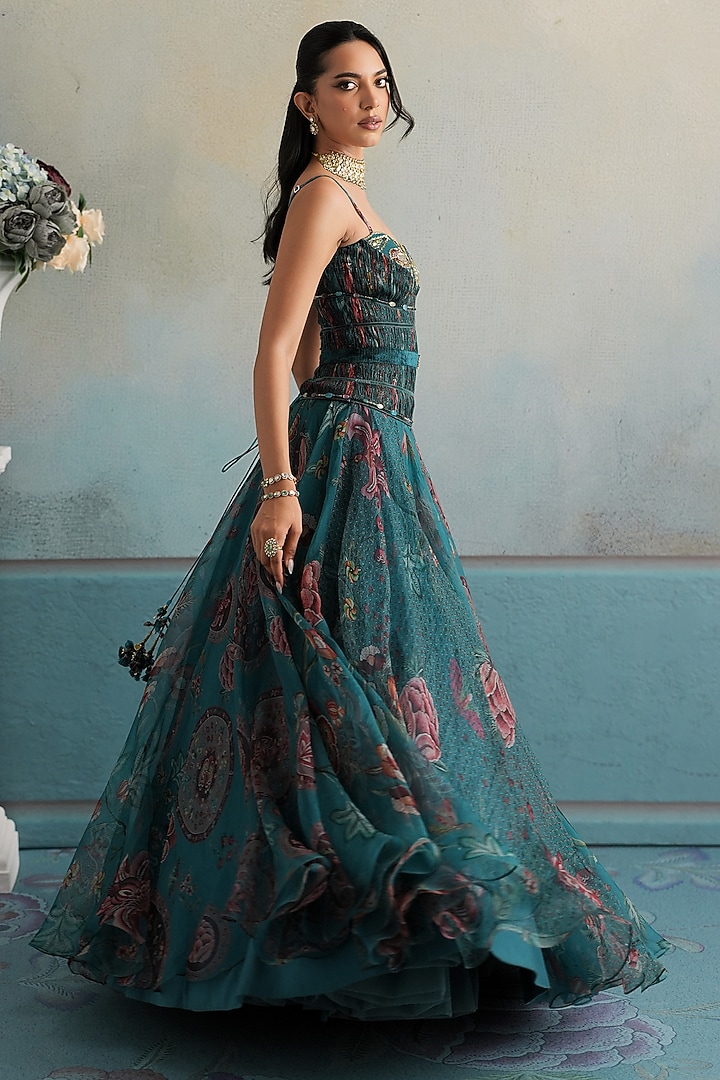 Marine Teal Silk Organza Embroidered Ruched Bridal Anarkali Set by Mahima Mahajan at Pernia's Pop Up Shop