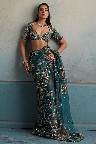 Marine Teal Silk Organza Hand Embroidered Saree Set by Mahima Mahajan