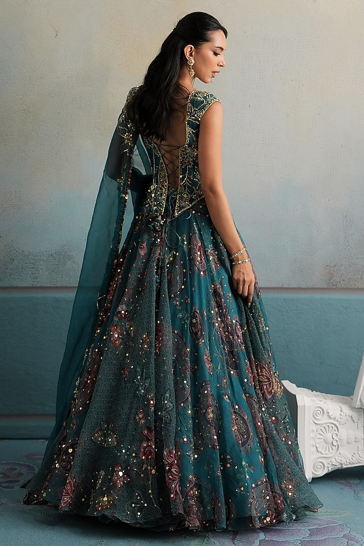 Marine Teal Silk Organza Hand Embroidered Wedding Lehenga Set by Mahima Mahajan at Pernia's Pop Up Shop