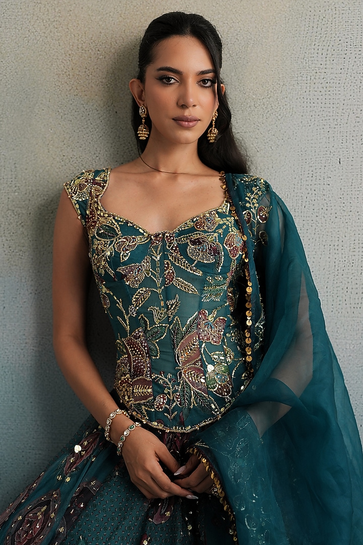 Marine Teal Silk Organza Hand Embroidered Wedding Lehenga Set by Mahima Mahajan at Pernia's Pop Up Shop