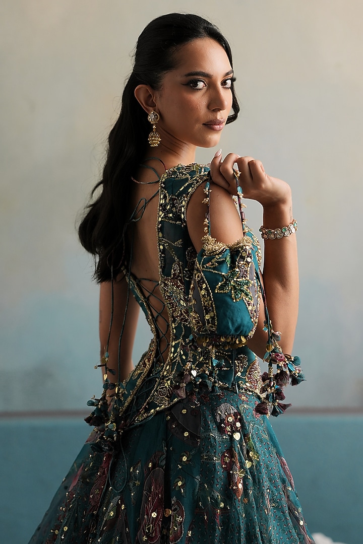 Marine Teal Silk Organza Hand Embroidered Wedding Lehenga Set by Mahima Mahajan at Pernia's Pop Up Shop