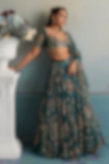 Marine Teal Silk Organza Hand Embroidered Bridal Lehenga Set by Mahima Mahajan at Pernia's Pop Up Shop
