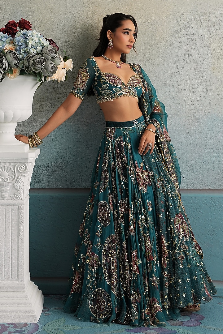 Marine Teal Silk Organza Hand Embroidered Bridal Lehenga Set by Mahima Mahajan at Pernia's Pop Up Shop