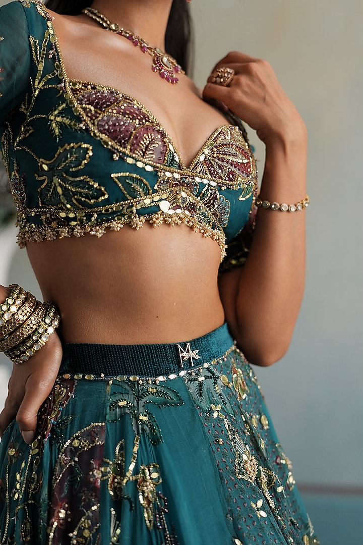Marine Teal Silk Organza Hand Embroidered Bridal Lehenga Set by Mahima Mahajan at Pernia's Pop Up Shop