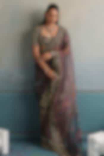 Burnt Lilac Silk Organza Floral Embroidered Reception Saree Set by Mahima Mahajan at Pernia's Pop Up Shop
