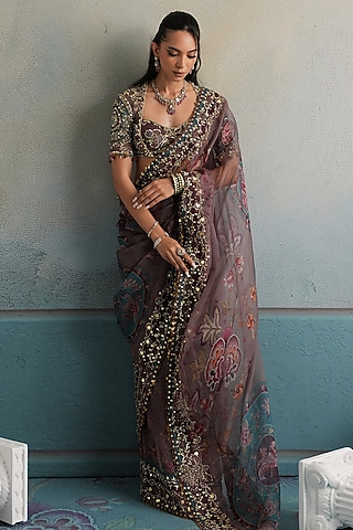 Burnt Lilac Silk Organza Floral Embroidered Saree Set by Mahima Mahajan