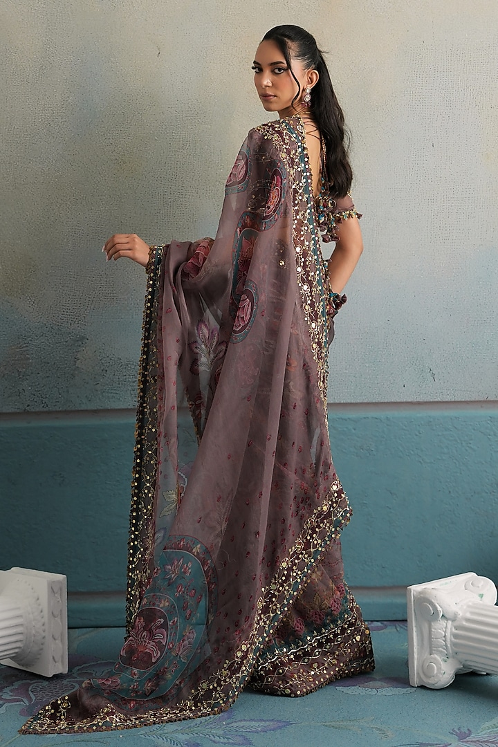 Burnt Lilac Silk Organza Floral Embroidered Reception Saree Set by Mahima Mahajan at Pernia's Pop Up Shop