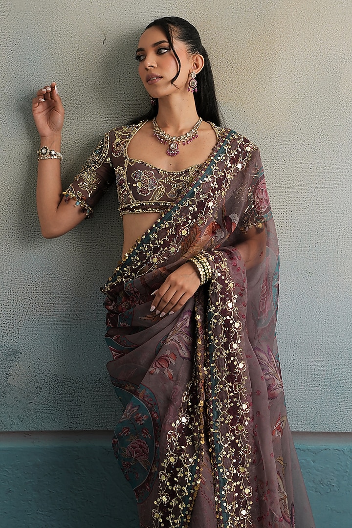 Burnt Lilac Silk Organza Floral Embroidered Reception Saree Set by Mahima Mahajan at Pernia's Pop Up Shop
