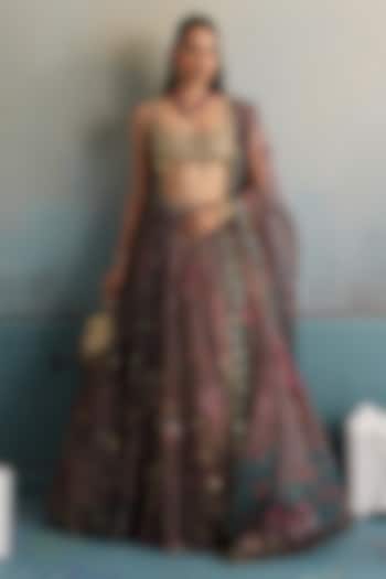 Burnt Lilac Silk Organza Hand Embroidered Wedding Lehenga Set by Mahima Mahajan at Pernia's Pop Up Shop