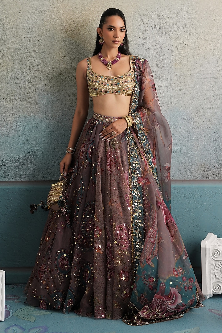 Burnt Lilac Silk Organza Hand Embroidered Wedding Lehenga Set by Mahima Mahajan at Pernia's Pop Up Shop