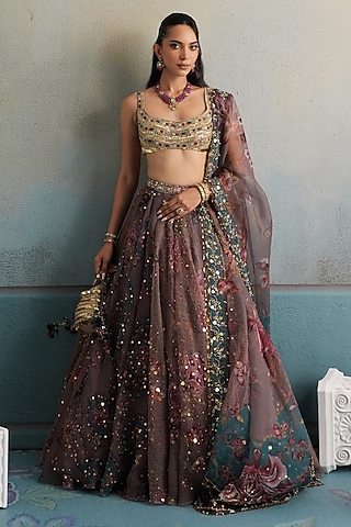 Burnt Lilac Silk Organza Hand Embroidered Lehenga Set by Mahima Mahajan