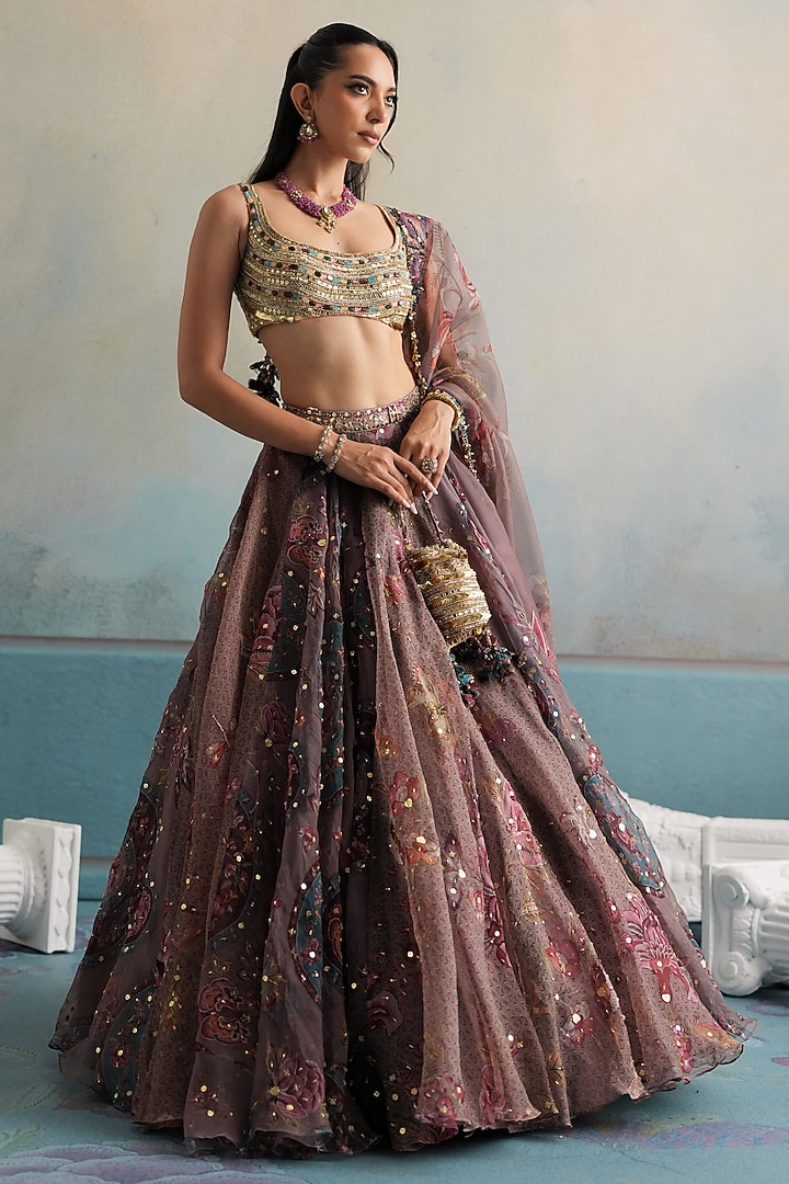 Burnt Lilac Silk Organza Hand Embroidered Wedding Lehenga Set by Mahima Mahajan at Pernia's Pop Up Shop