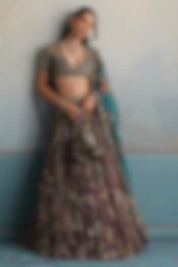 Burnt Lilac Silk Organza Bead Embellished Flared Bridal Lehenga Set by Mahima Mahajan at Pernia's Pop Up Shop