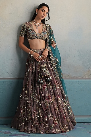 Burnt Lilac Silk Organza Bead Embellished Flared Lehenga Set by Mahima Mahajan