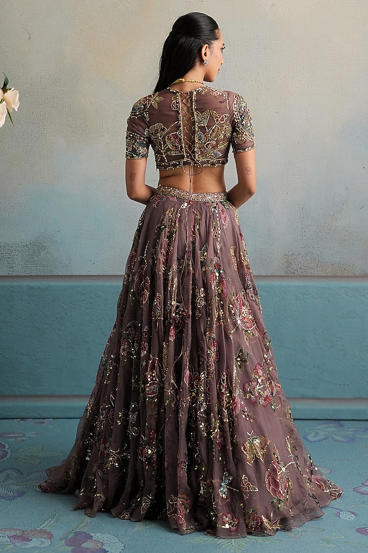 Burnt Lilac Silk Organza Bead Embellished Flared Bridal Lehenga Set by Mahima Mahajan at Pernia's Pop Up Shop