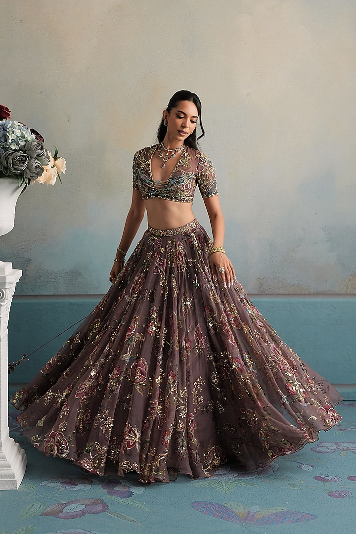 Burnt Lilac Silk Organza Bead Embellished Flared Bridal Lehenga Set by Mahima Mahajan at Pernia's Pop Up Shop