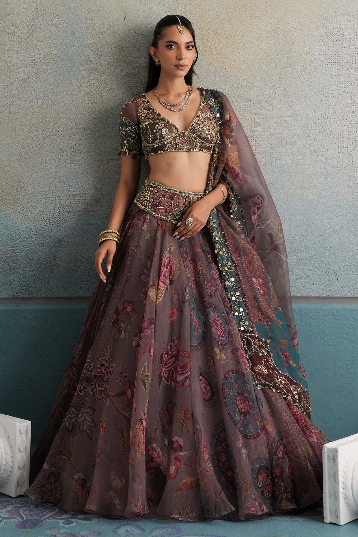 Mahima Mahajan Burnt Lilac Silk Organza Hand Embroidered Lehenga Set