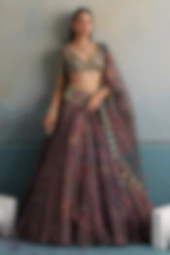 Burnt Lilac Silk Organza Hand Embroidered Wedding Lehenga Set by Mahima Mahajan at Pernia's Pop Up Shop