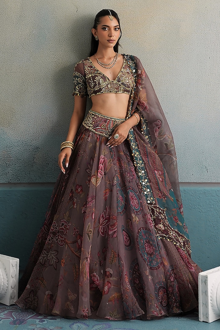 Burnt Lilac Silk Organza Hand Embroidered Wedding Lehenga Set by Mahima Mahajan at Pernia's Pop Up Shop
