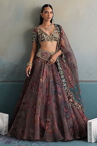 Burnt Lilac Silk Organza Hand Embroidered Lehenga Set by Mahima Mahajan