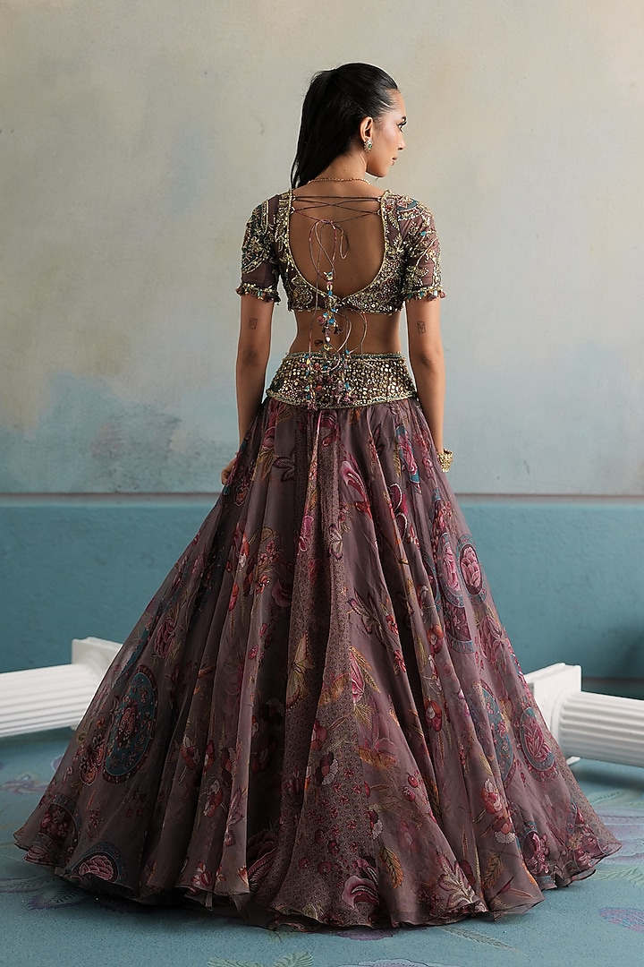 Burnt Lilac Silk Organza Hand Embroidered Wedding Lehenga Set by Mahima Mahajan at Pernia's Pop Up Shop