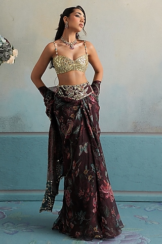 Mulberry Silk Organza Embellished Draped Skirt Set by Mahima Mahajan