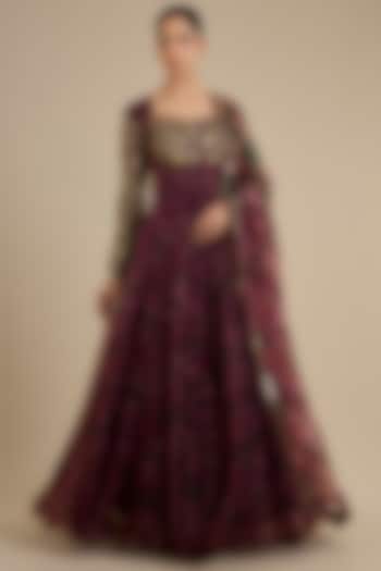 Purple Organza Hand Embroidered Bridal Anarkali Set by Mahima Mahajan at Pernia's Pop Up Shop