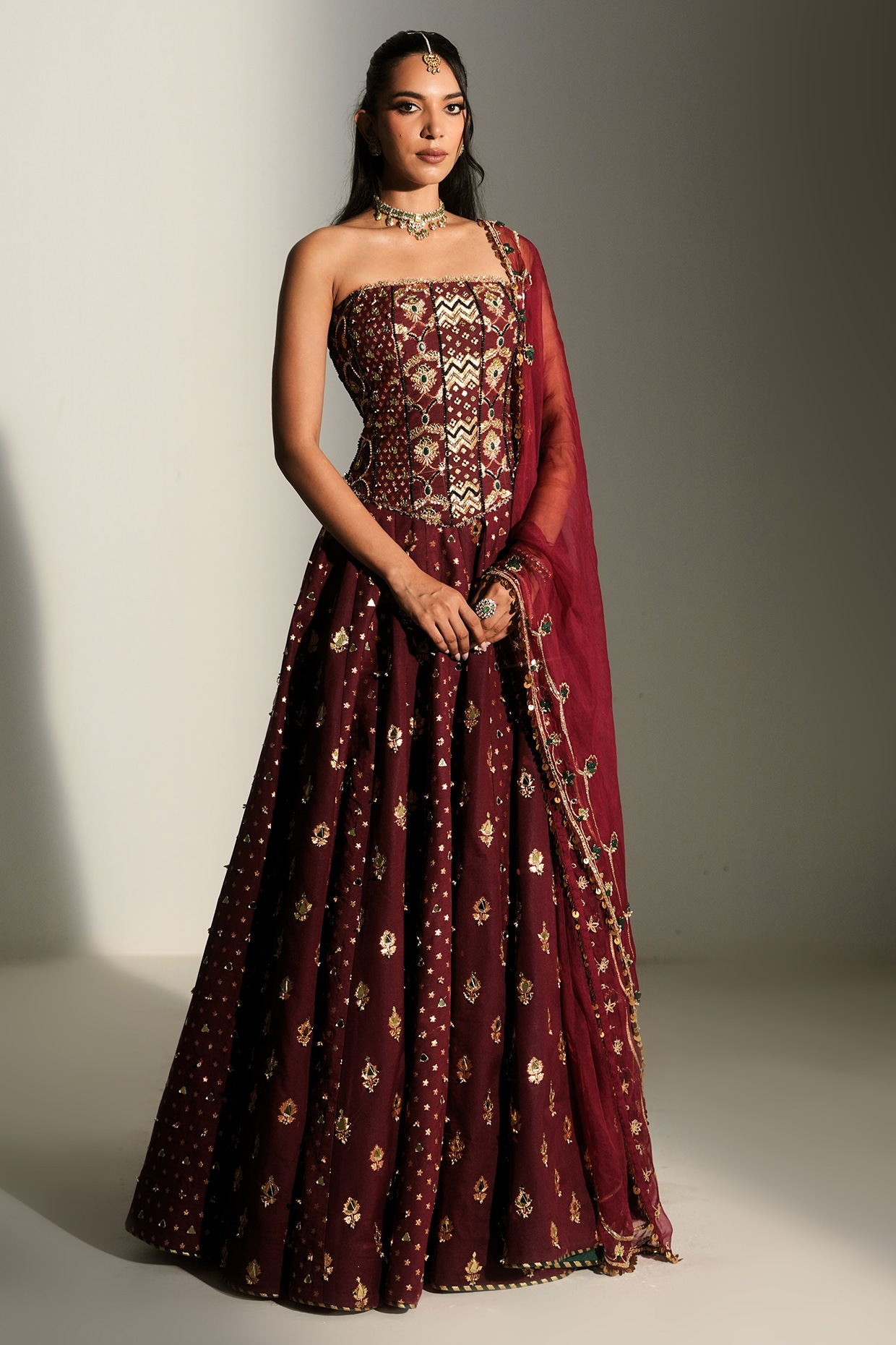 Mahima Mahajan Sindoori Red Banarasi Chanderi Hand Embroidered Lehenga Set