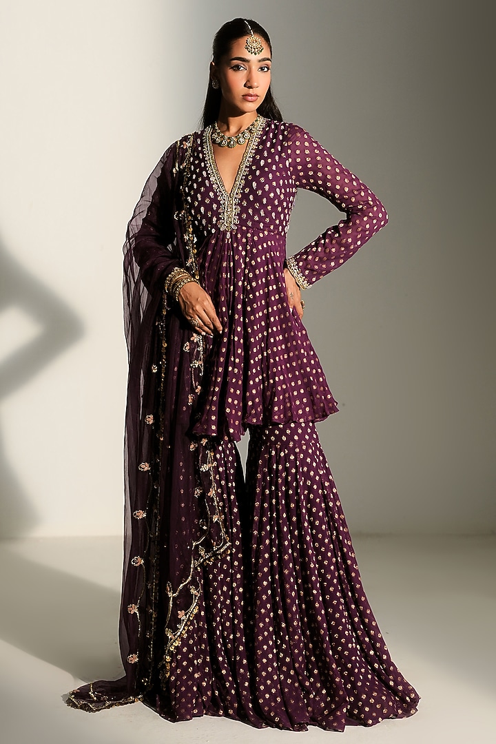 Grape Vine Banarasi Georgette Hand Embroidered Wedding Sharara Set by Mahima Mahajan at Pernia's Pop Up Shop