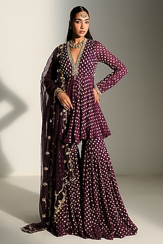 Grape Vine Banarasi Georgette Hand Embroidered Sharara Set by Mahima Mahajan
