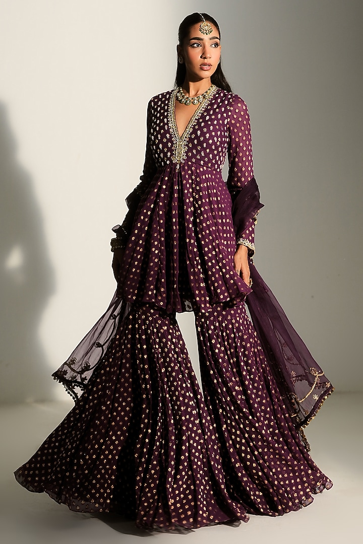 Grape Vine Banarasi Georgette Hand Embroidered Wedding Sharara Set by Mahima Mahajan at Pernia's Pop Up Shop