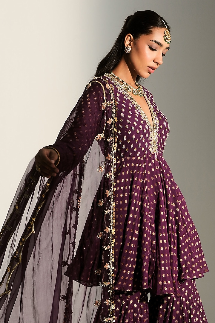 Grape Vine Banarasi Georgette Hand Embroidered Wedding Sharara Set by Mahima Mahajan at Pernia's Pop Up Shop