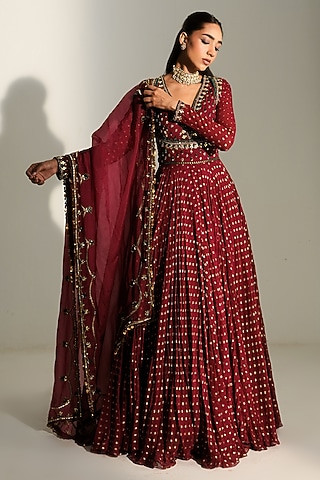 Sindoori Red Banarasi Chanderi Hand Embroidered Anarkali With Dupatta by Mahima Mahajan