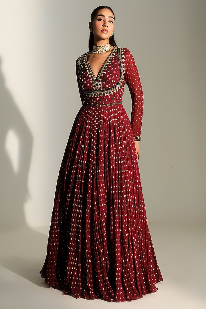 Sindoori Red Banarasi Chanderi Hand Embroidered Wedding Anarkali With Dupatta by Mahima Mahajan at Pernia's Pop Up Shop