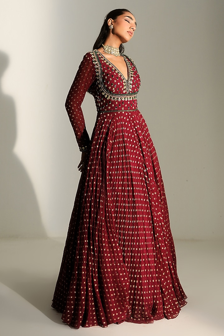 Sindoori Red Banarasi Chanderi Hand Embroidered Wedding Anarkali With Dupatta by Mahima Mahajan at Pernia's Pop Up Shop