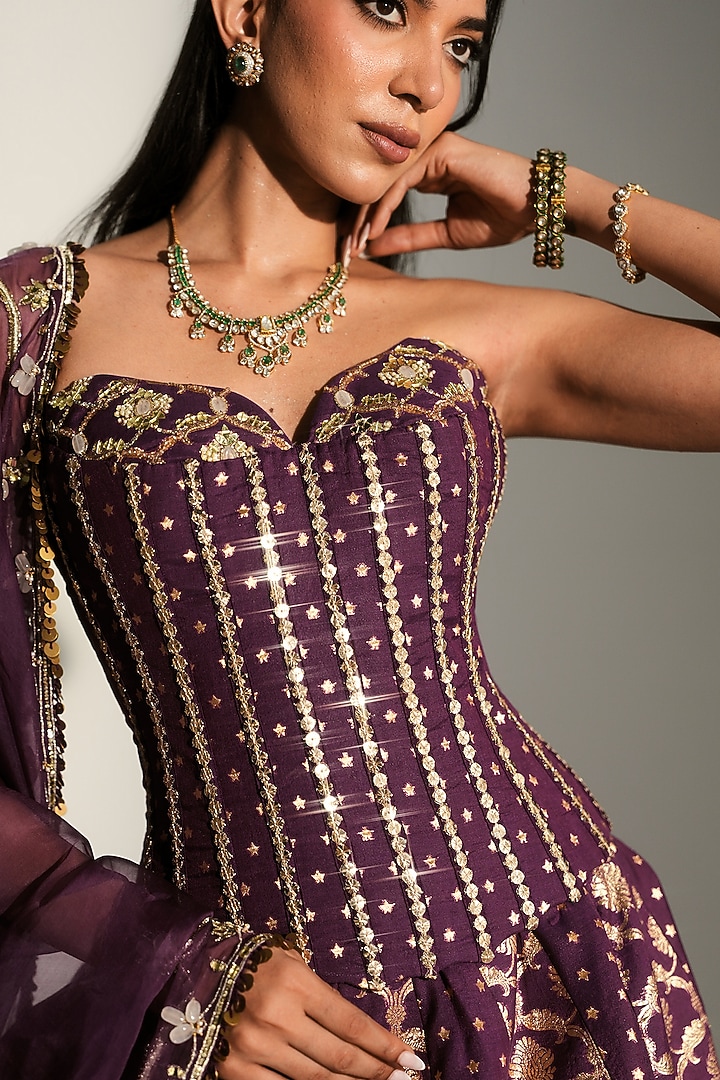 Grape Vine Banarasi Chanderi Hand Embroidered Wedding Lehenga Set by Mahima Mahajan at Pernia's Pop Up Shop