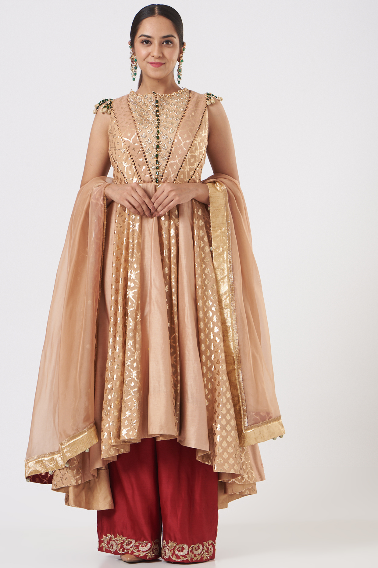 Beige Embroidered Anarkali Set by Mahima Mahajan